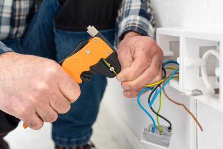Electrician worker at work with wire stripper pliers prepares the electrical cables of an electrical system. Construction industry.の写真素材
