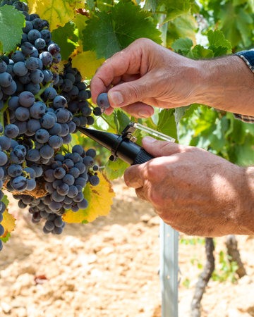Cannonau grapes. The agronomist in the vineyard squeezes the grape on the refractometer to measure the sugar content. Traditional agriculture. Sardinia.の写真素材