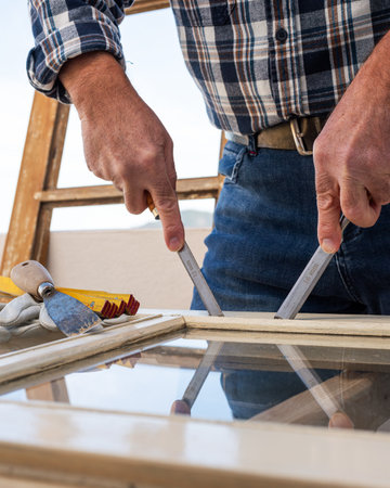 Carpenter using chisels removes the wooden frame blocking the glass from an old wooden window. Construction industry, carpentry. Restoration.の写真素材