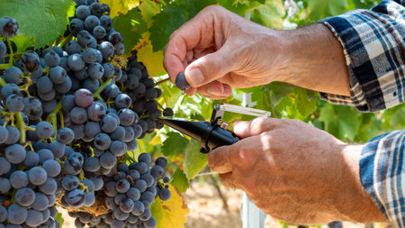 Cannonau grapes. The agronomist in the vineyard squeezes the grape on the refractometer to measure the sugar content. Traditional agriculture. Sardinia.の写真素材