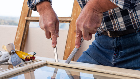 Carpenter using chisels removes the wooden frame blocking the glass from an old wooden window. Construction industry, carpentry. Restoration.の写真素材