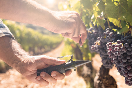 The agronomist farmer in the vineyard squeezes the grape on the refractometer to measure the sugar content, illuminated by the golden reflection of the setting sun. Traditional agriculture in Sardinia.の写真素材