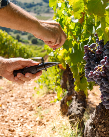 Cannonau grapes. The agronomist farmer in the vineyard squeezes the grape on the refractometer to measure the sugar content. Traditional agriculture in Sardinia.の写真素材