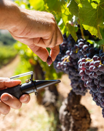 Cannonau grapes. The agronomist farmer in the vineyard squeezes the grape on the refractometer to measure the sugar content. Traditional agriculture in Sardinia.の写真素材