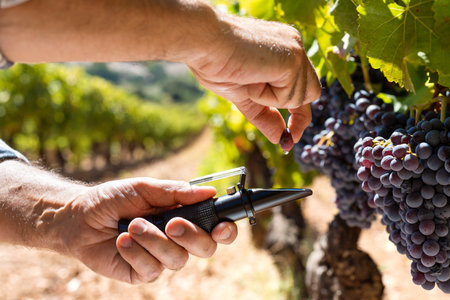 Cannonau grapes. The agronomist farmer in the vineyard squeezes the grape on the refractometer to measure the sugar content. Traditional agriculture in Sardinia.の写真素材