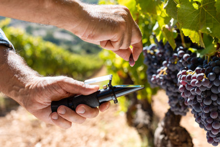 Cannonau grapes. The agronomist farmer in the vineyard squeezes the grape on the refractometer to measure the sugar content. Traditional agriculture in Sardinia.の写真素材