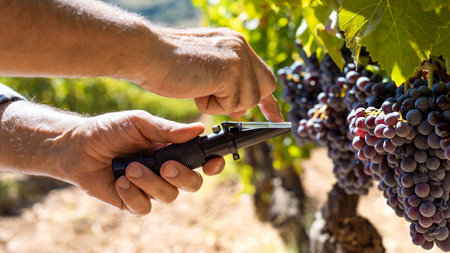 Cannonau grapes. The agronomist farmer in the vineyard closes the refractometer slide to measure the sugar content in the grapes. Traditional agriculture in Sardinia.の写真素材