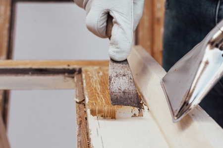 Carpenter using heat gun and wood scraper removes paint from old wooden window. Construction industry, carpentry. Restoration.の写真素材