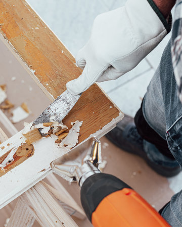 Carpenter using heat gun and wood scraper removes paint from old wooden window. Construction industry, carpentry. Restoration.の写真素材