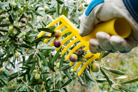 Close-up of the hands of an adult farmer using a manual rake to harvest ripe olives in autumn. Traditional agriculture in Sardinia.の写真素材