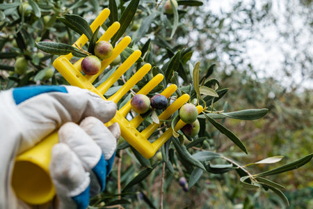 Close-up of the hands of an adult farmer using a manual rake to harvest ripe olives in autumn. Traditional agriculture.の写真素材