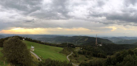 View of cloudy countryside on Monte Penice peak, Lombardia, Italy