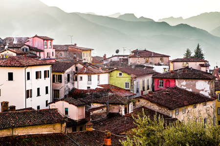 Italian village Barga panorama at sunset, Tuscany, Lucca, Italyの写真素材
