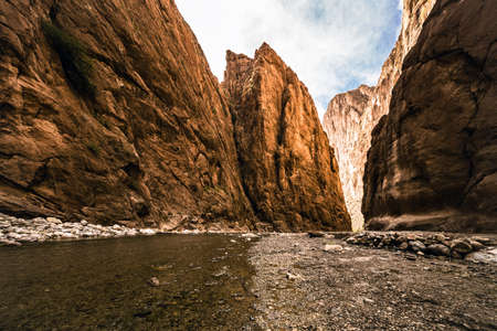 Todra gorge and river in african canyon wide angle view without people, Moroccoの写真素材