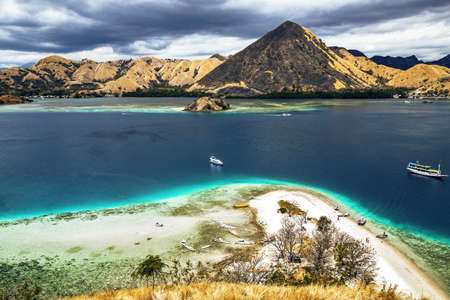Scenic tropical island aerial ocean view, Komodo National Park, Indonesiaの写真素材