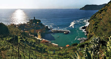 Panoramic aerial view of Vernazza town in Cinque Terre National Park, Liguria, Italy