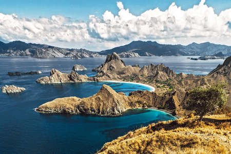 Padar tropical island aerial view, Komodo National Park, Indonesiaの写真素材