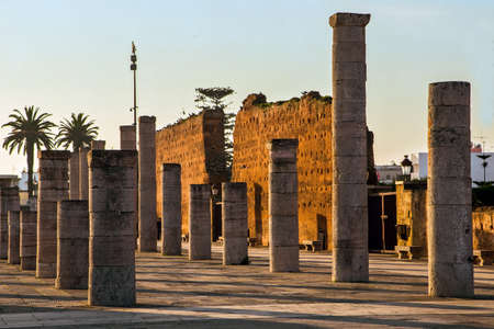 Hassan II tower columns minaret and a brick wall at sunset, Rabat, Moroccoの写真素材