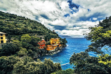 Paraggi small village with colored houses in Tigullio gulf, Portofino, Liguria