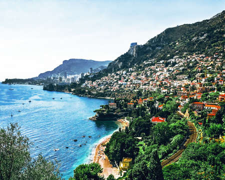 Cap Martin sea coast panorama and Monaco town, cote d'azur, France