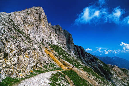 Trail path on Italian little dolomite prealps, Veneto, Carega, Italyの写真素材