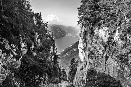 Aerial Panorama on garda lake, Monte Baldo, Ventrar canyon trail, Trentino, Italyの写真素材