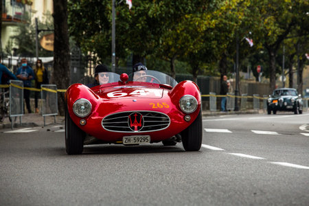 DESENZANO DEL GARDA, BRESCIA, ITALY - 22 OCTOBER 2020: MASERATI A6 GCS (1954) an old racing car in Mille Miglia 2020, a famous and vintage italian historical race, Garda lakeのeditorial素材
