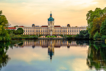 Schloss Charlottenburg reflection at sunset, Germany, Berlinのeditorial素材