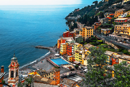 High angle view of Sori village and beach coast, Genova, Liguria, Italyのeditorial素材