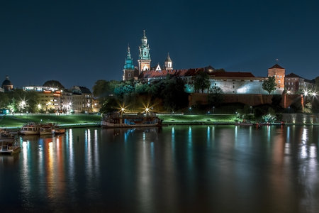 Wawel castle and vistula, Wisla, river night panorama, Krakow, Polandの写真素材