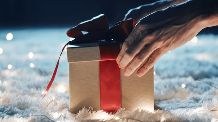 hands open a Magic mystery Box with red bow