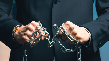 Close up of Hands of man Hold Iron Chainの写真素材