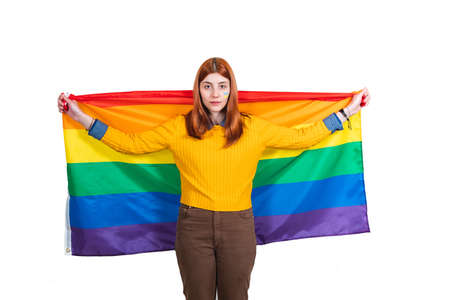 Ukrainian Girl with peace flag in hand on white background. Peace fo Ukraine