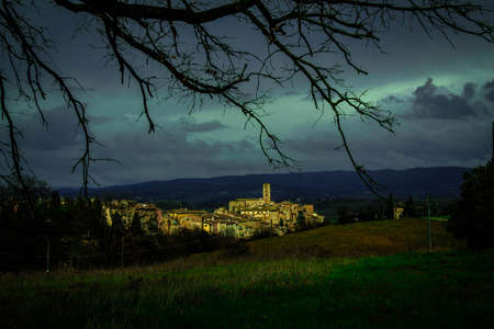 town seen behind a treeの写真素材