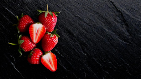 Vibrant Strawberries on Black Slate Background with space on the right side of the frame for text. This elegant presentation would be suitable for food magazinesの写真素材