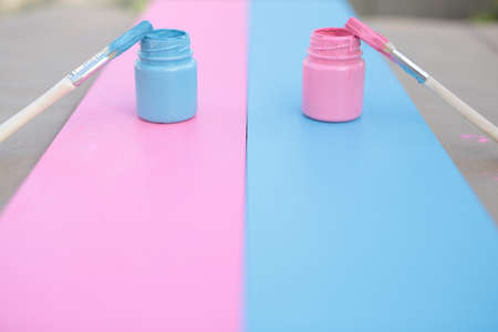 wooden planks painted blue and pinkの写真素材