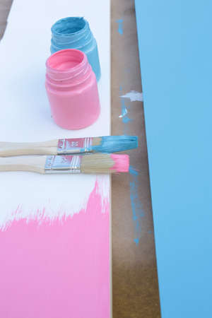 wooden planks painted blue and pinkの写真素材