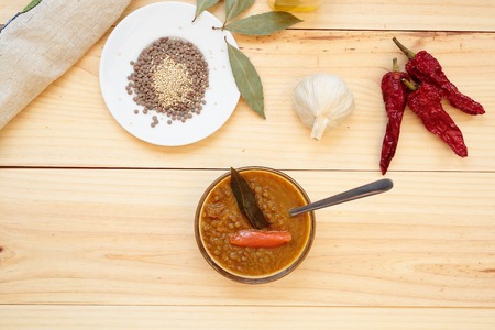 Lentils organic vegetables on wooden background pineの写真素材