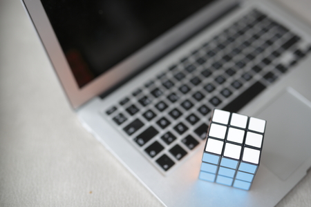 Elche, Spain. April 26, 2016:  Selective focus of a Rubik's cube on a computer