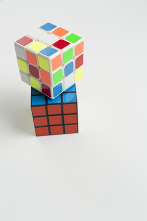 Elche, Spain. May 26, 2016: Two rubik cubes on a background of whiteのeditorial素材