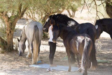 Girls with horses on a farmの写真素材