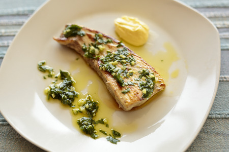 Grilled swordfish with garlic sauce and perjilの写真素材