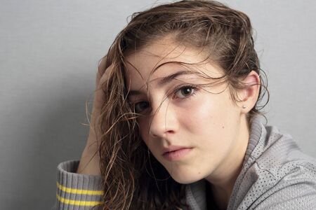 Portrait of girl with light of study in your room. Horizontal shooting