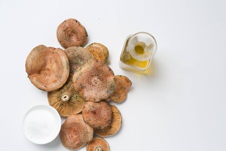 Mushrooms stacked on a white background. Taking with artificial lightの写真素材