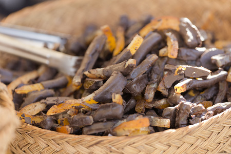Natural chocolate in a handmade bowl. Horizontal shot with natural light.の写真素材