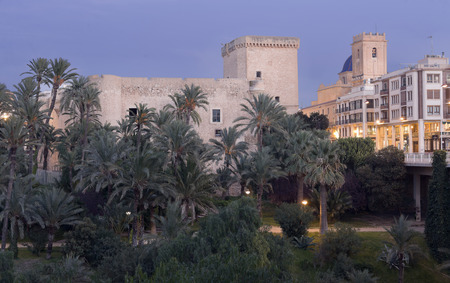 Views of the city of Elche dusk. In the image are the Altamira Palace and the Basilica of Santa Maria.のeditorial素材