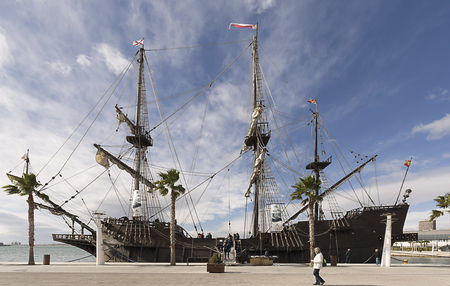 Alicante, Spain. January 26, 2018: Mooring of the Galeon in the Port of Alicante a replica of the...