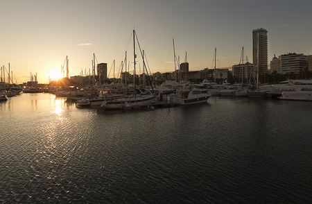 Alicante, Spain. February 9, 2018: Port of Alicante in the Valencian community during a sunset.のeditorial素材