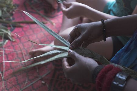 Hands of people braiding palm in a learning workshop. Shots taken in natural light.