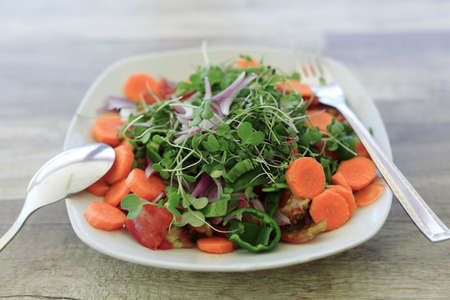 Salad plate with organic vegetables produced in Spain on a wooden backgroundの写真素材